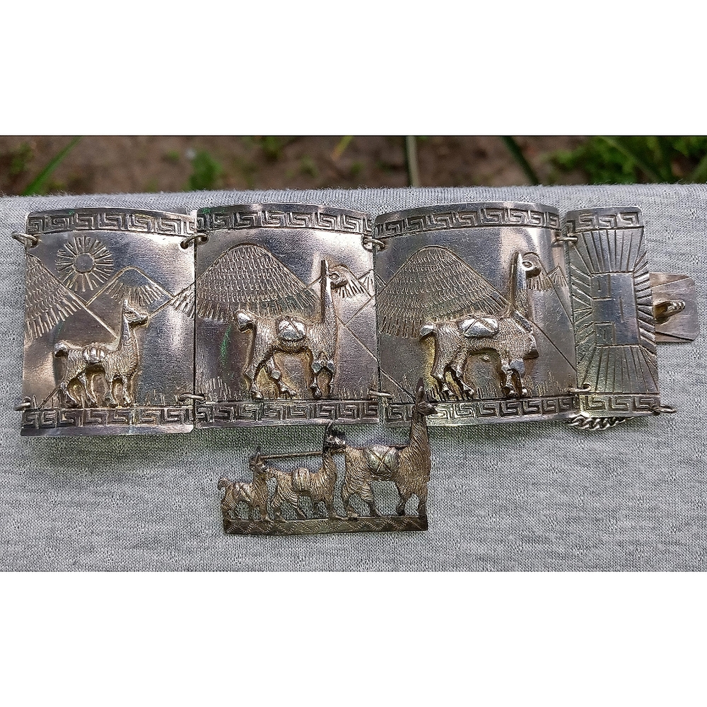 Antique Vtg .925 llama Brooch & Bracelet Bundle
